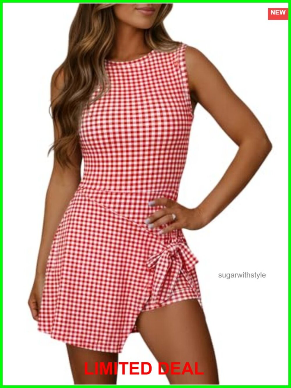 Sleeveless Mini Dress Gingham Romper Skort Tank Dress Wrap Tie Waist
